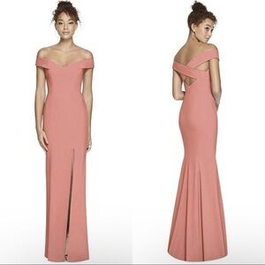 Dessy Collection Desert Rose Off-the-Shoulder Criss Cross Back Trumpet Gown 4 US